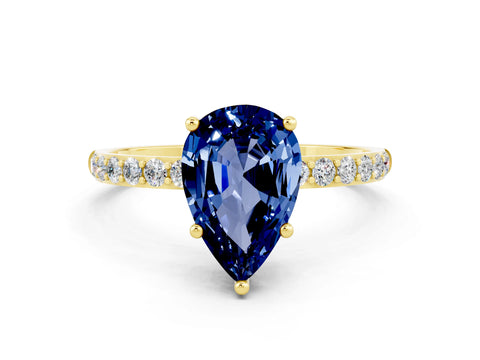 Yellow gold Pear Cut Blue Sapphire Solitaire Ring with Pave Band and Four Prong Setting_12