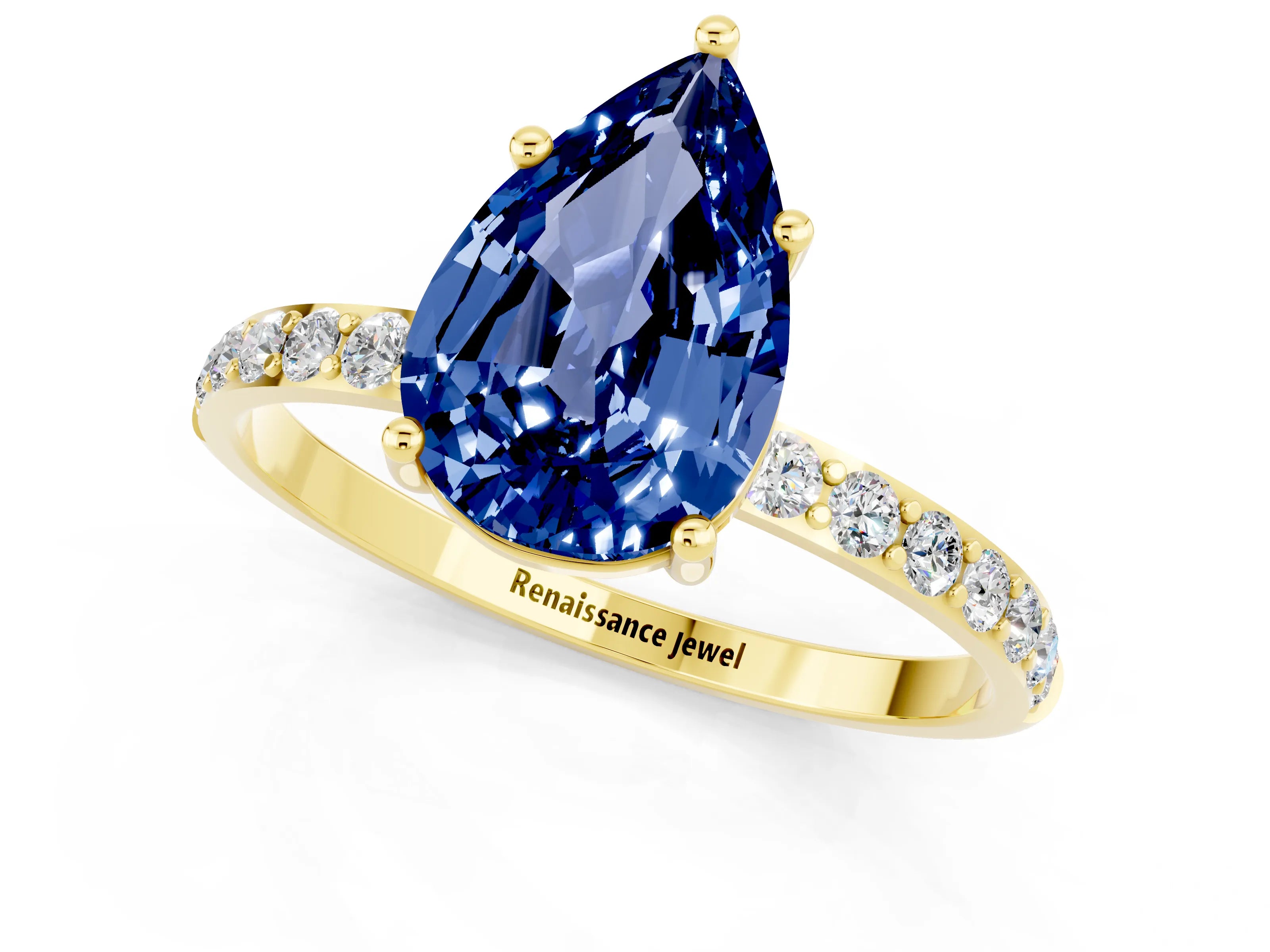 Yellow gold Pear Cut Blue Sapphire Solitaire Ring with Pave Band and Four Prong Setting_13