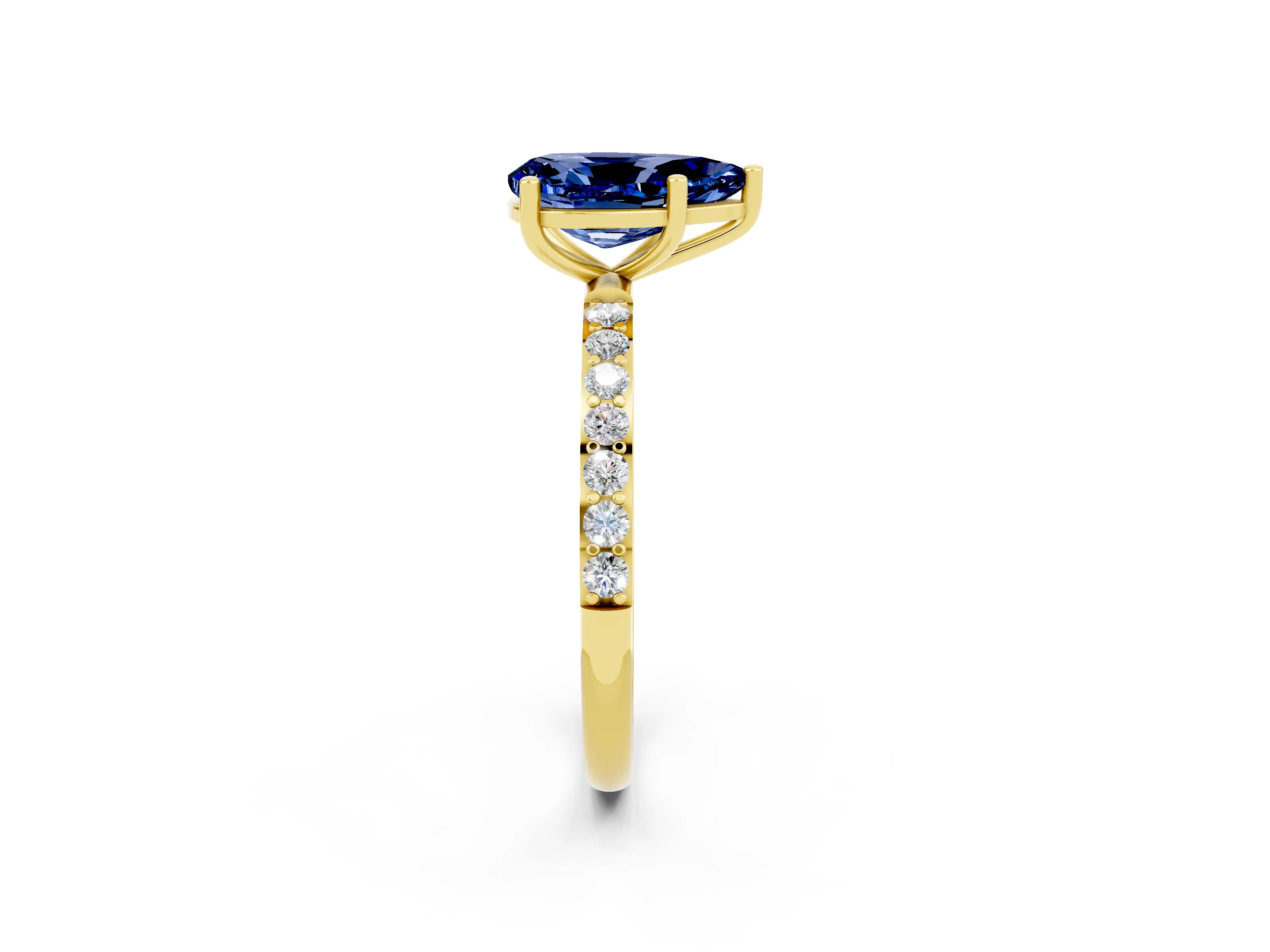 Yellow gold Pear Cut Blue Sapphire Solitaire Ring with Pave Band and Four Prong Setting_14