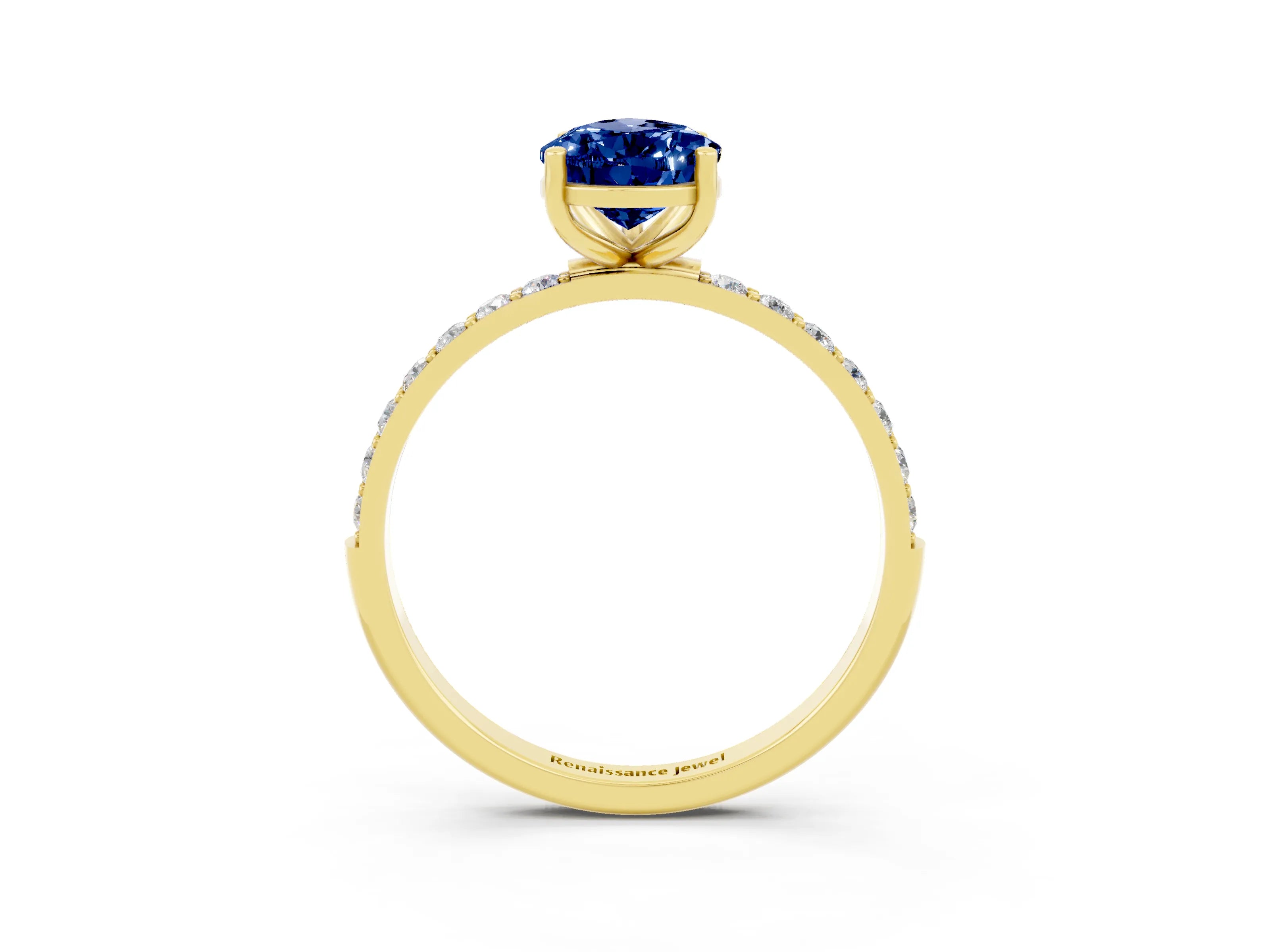 Yellow gold Pear Cut Blue Sapphire Solitaire Ring with Pave Band and Four Prong Setting_15