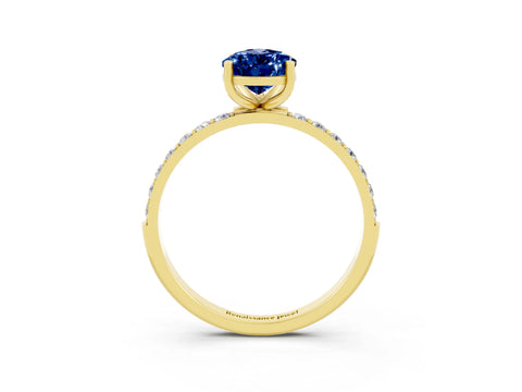Yellow gold Pear Cut Blue Sapphire Solitaire Ring with Pave Band and Four Prong Setting_15