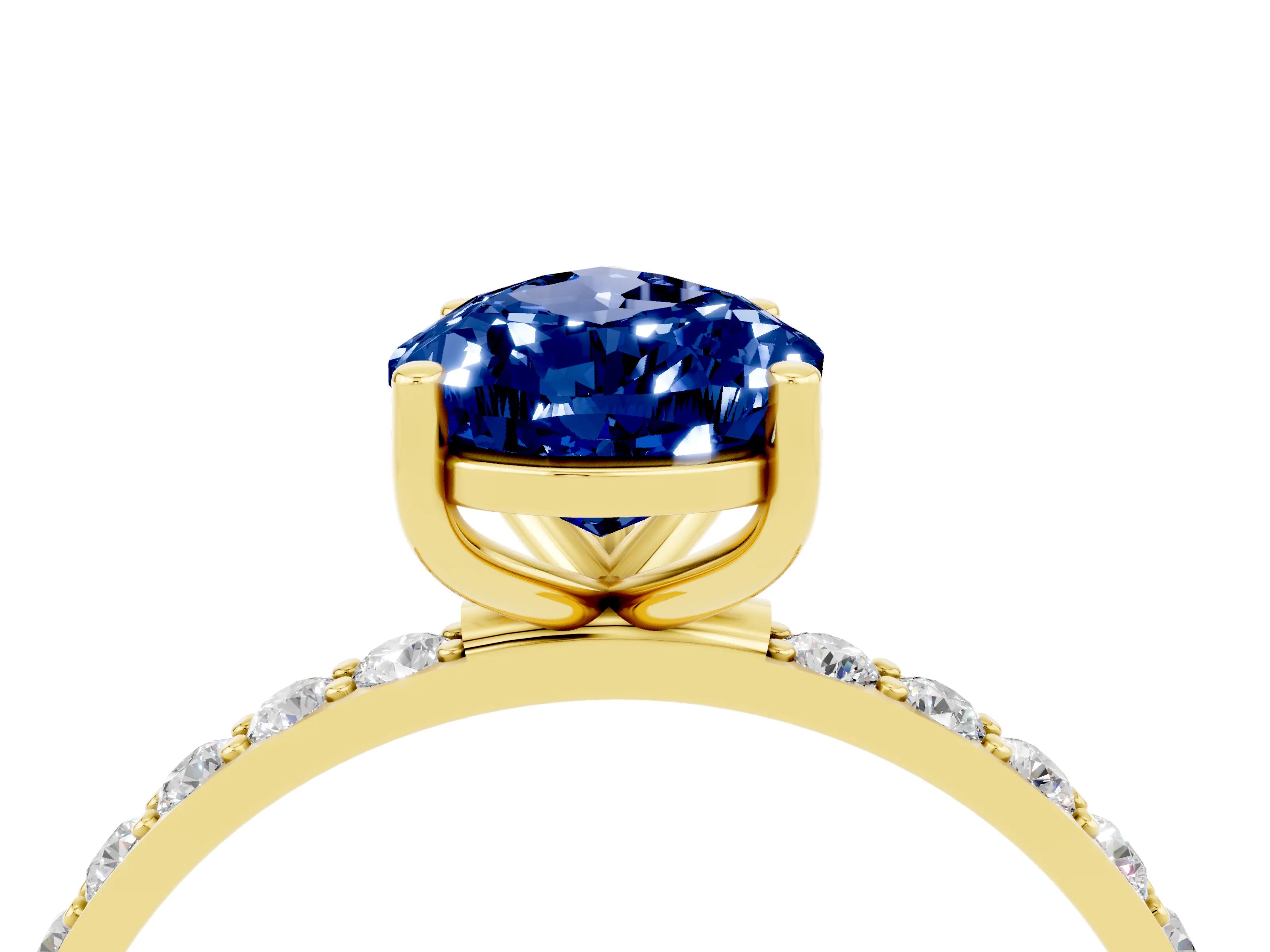 Yellow gold Pear Cut Blue Sapphire Solitaire Ring with Pave Band and Four Prong Setting_16