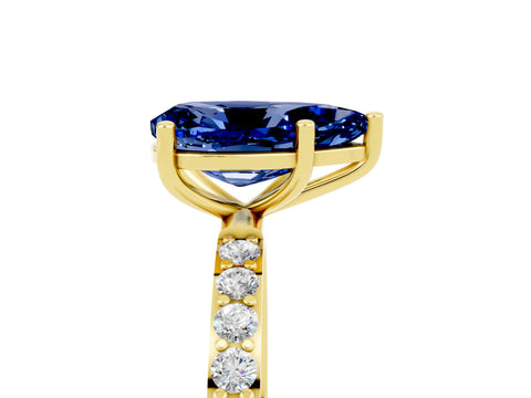 Yellow gold Pear Cut Blue Sapphire Solitaire Ring with Pave Band and Four Prong Setting_17