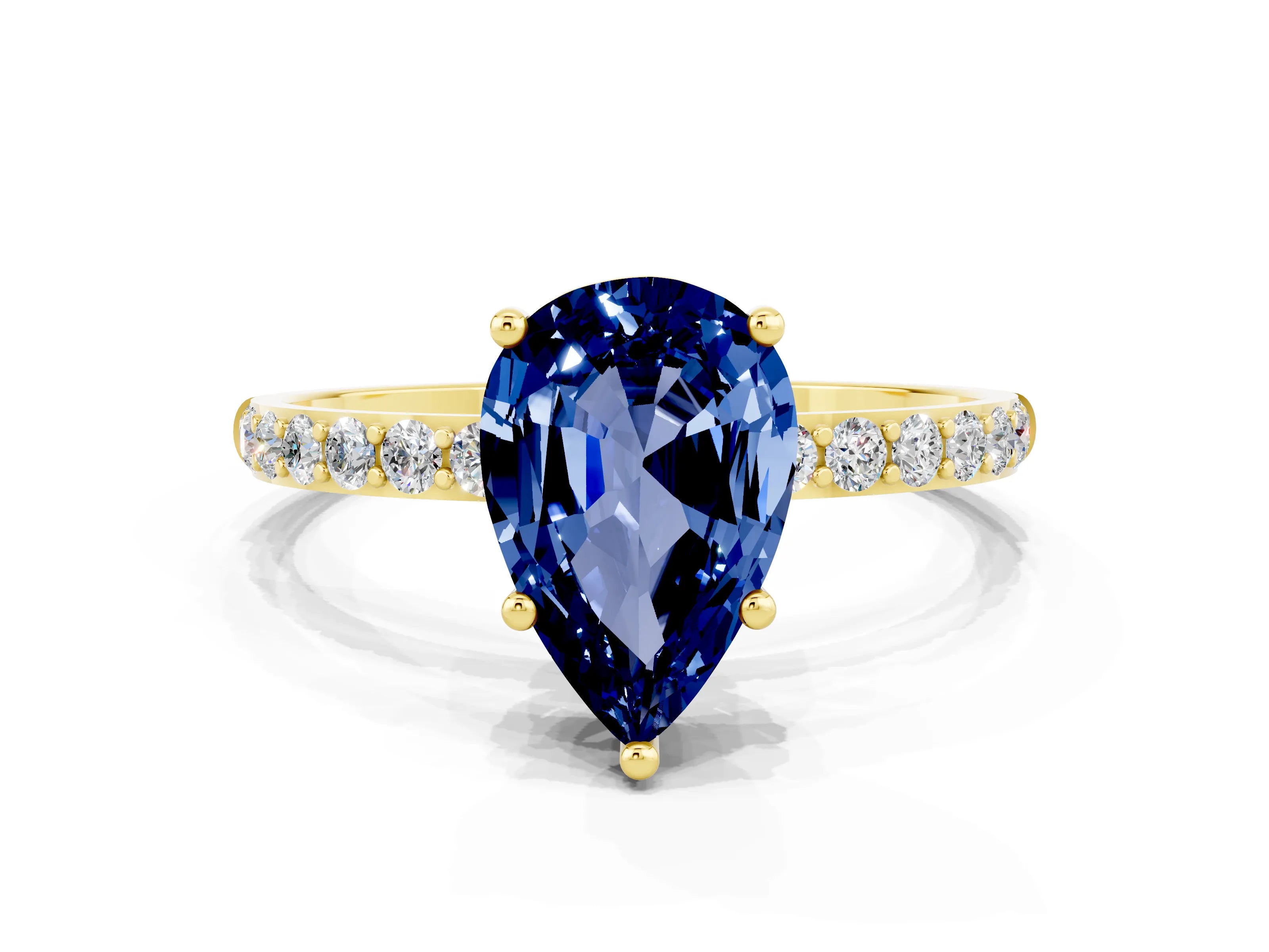 Yellow gold Pear Cut Blue Sapphire Solitaire Ring with Pave Band and Four Prong Setting_24