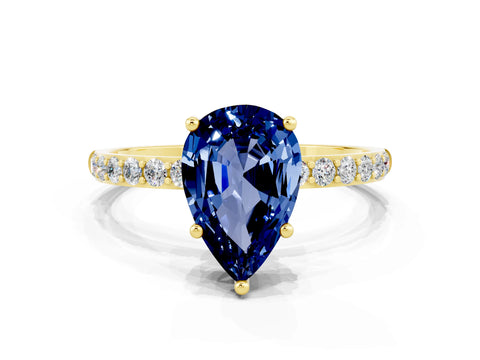 Yellow gold Pear Cut Blue Sapphire Solitaire Ring with Pave Band and Four Prong Setting_24