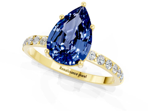 Yellow gold Pear Cut Blue Sapphire Solitaire Ring with Pave Band and Four Prong Setting_25