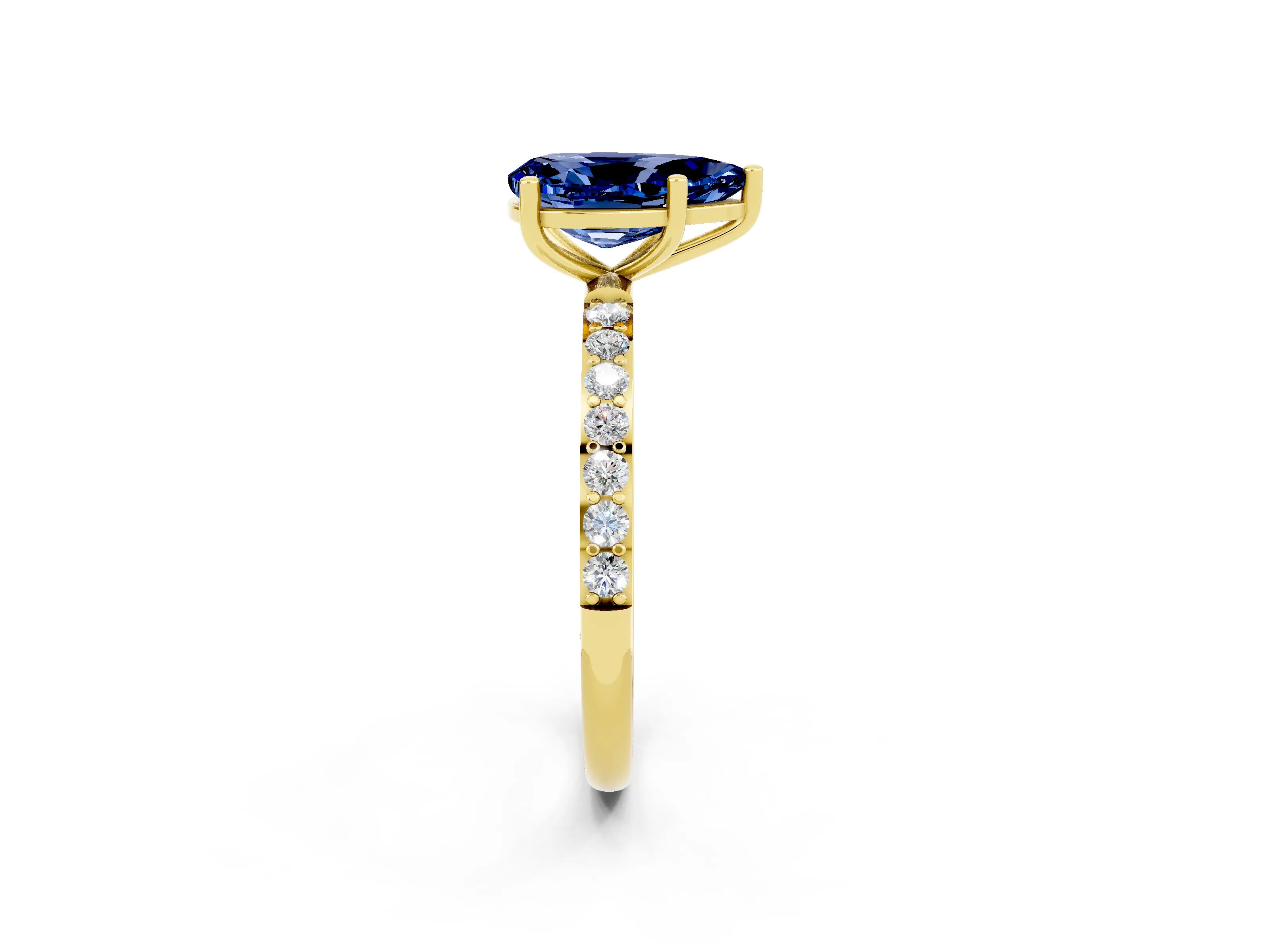 Yellow gold Pear Cut Blue Sapphire Solitaire Ring with Pave Band and Four Prong Setting_26