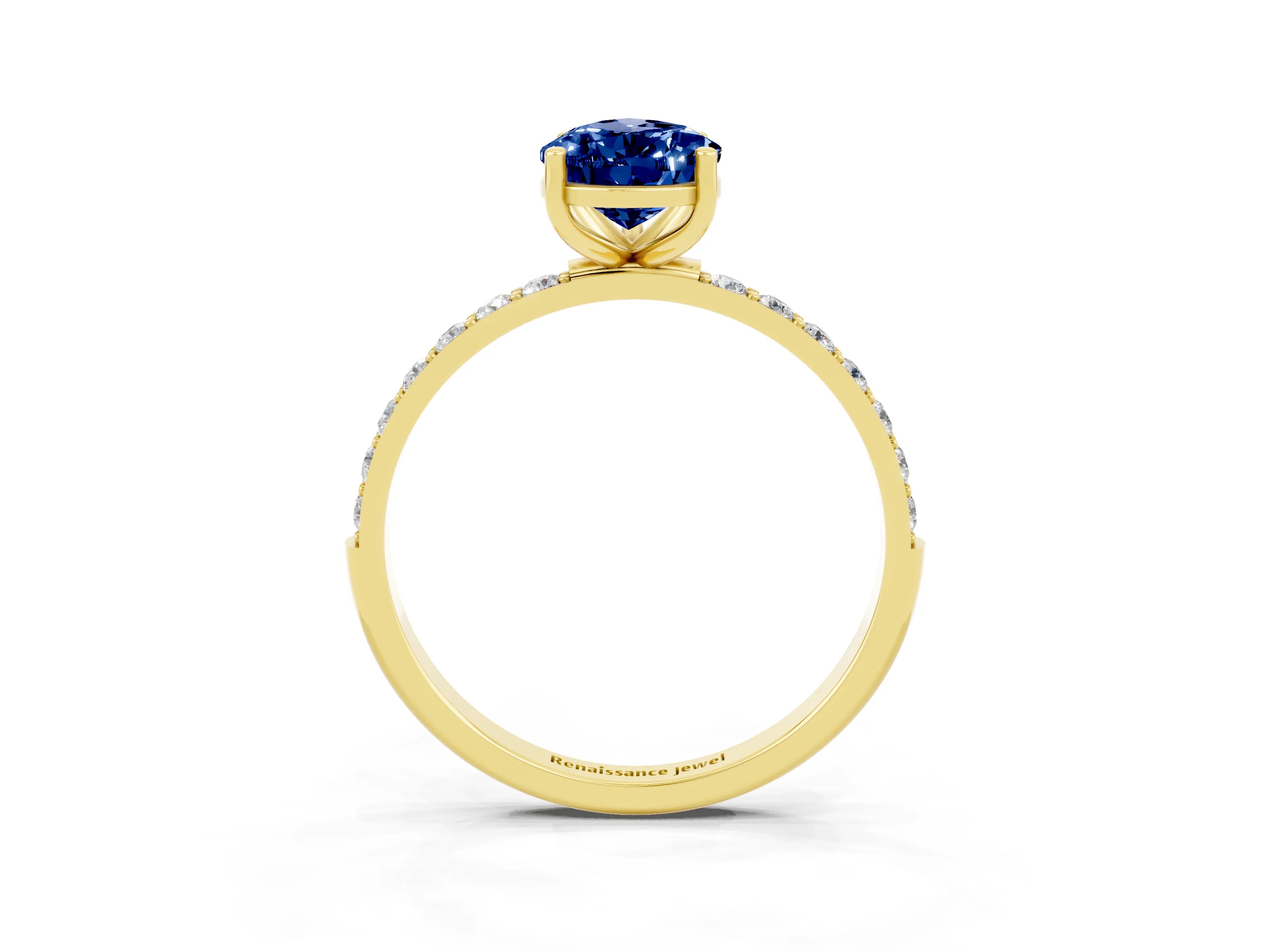 Yellow gold Pear Cut Blue Sapphire Solitaire Ring with Pave Band and Four Prong Setting_27