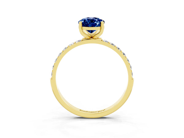 Yellow gold Pear Cut Blue Sapphire Solitaire Ring with Round  Pavé Band and Prong Setting