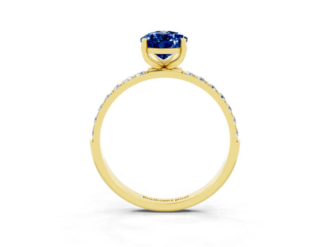 Yellow gold Pear Cut Blue Sapphire Solitaire Ring with Pave Band and Four Prong Setting_27
