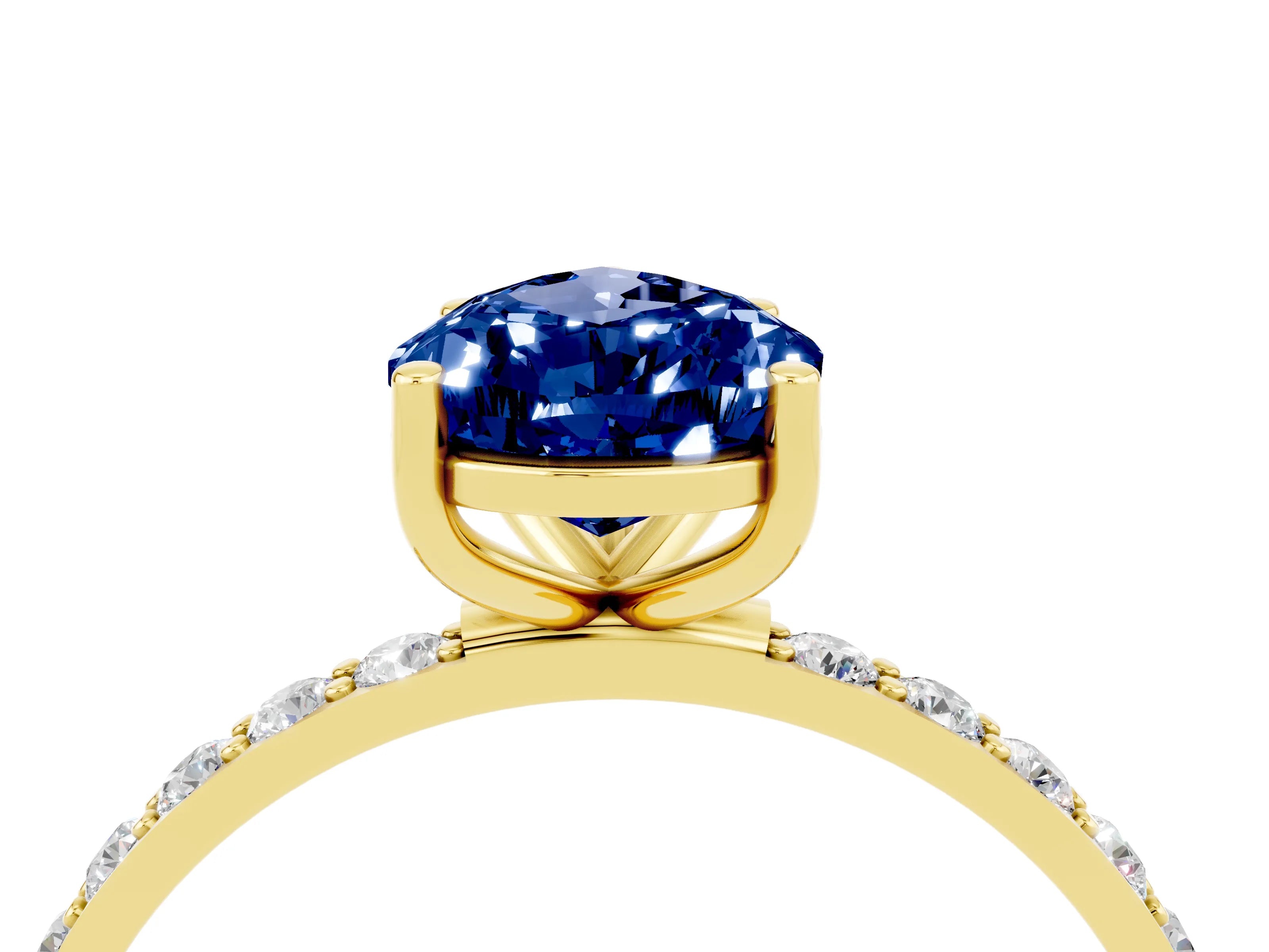 Yellow gold Pear Cut Blue Sapphire Solitaire Ring with Pave Band and Four Prong Setting_28