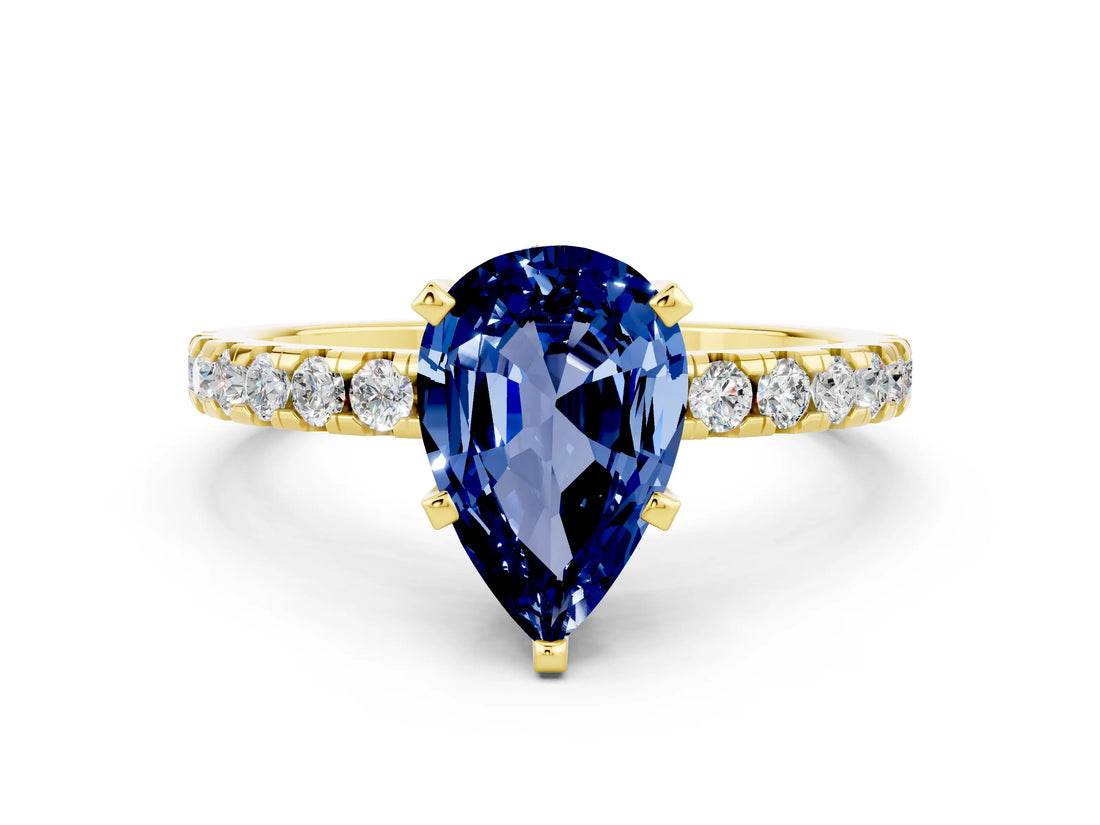 Yellow gold Pear Cut Blue Sapphire Solitaire Ring with Round  Pavé Band and Four-Prong Setting_36