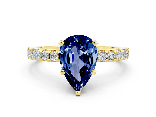 Yellow gold Pear Cut Blue Sapphire Solitaire Ring with Round Pavé Band and Four-Prong Setting