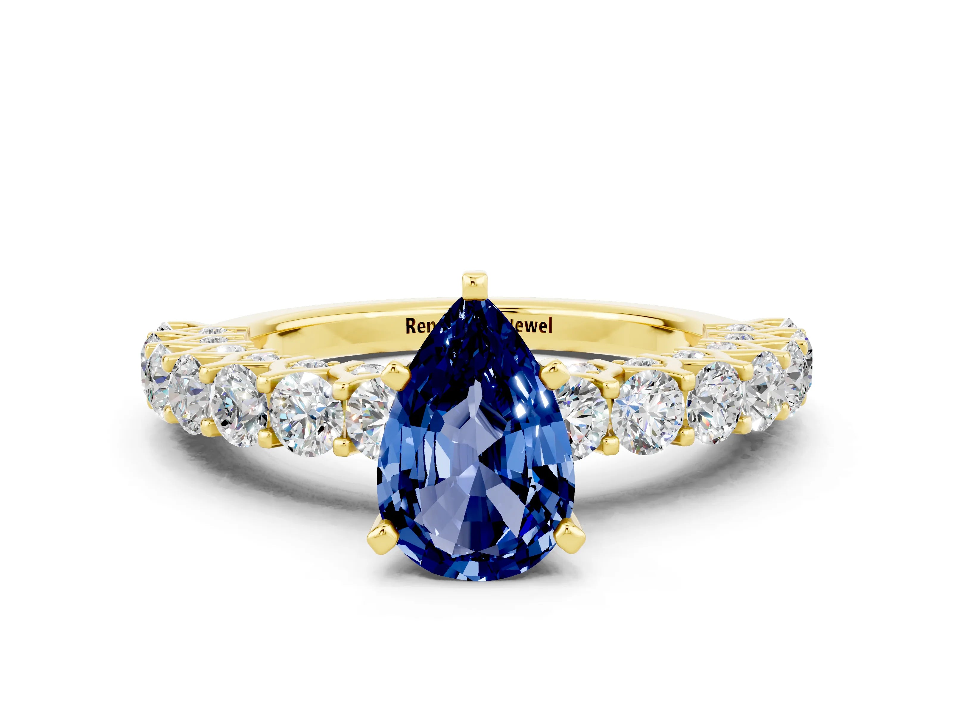 Yellow gold Pear Cut Blue Sapphire Solitaire Ring with Shared Prong Pavé Band and Four-Prong Setting_12