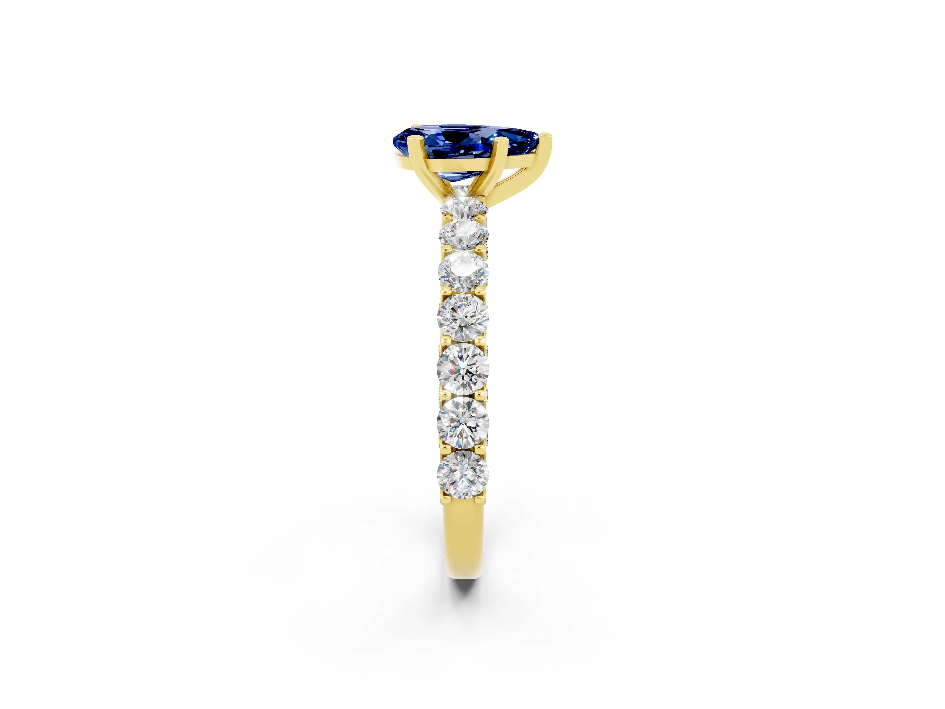 Yellow gold Pear Cut Blue Sapphire Solitaire Ring with Shared Prong Pavé Band and Four-Prong Setting_14