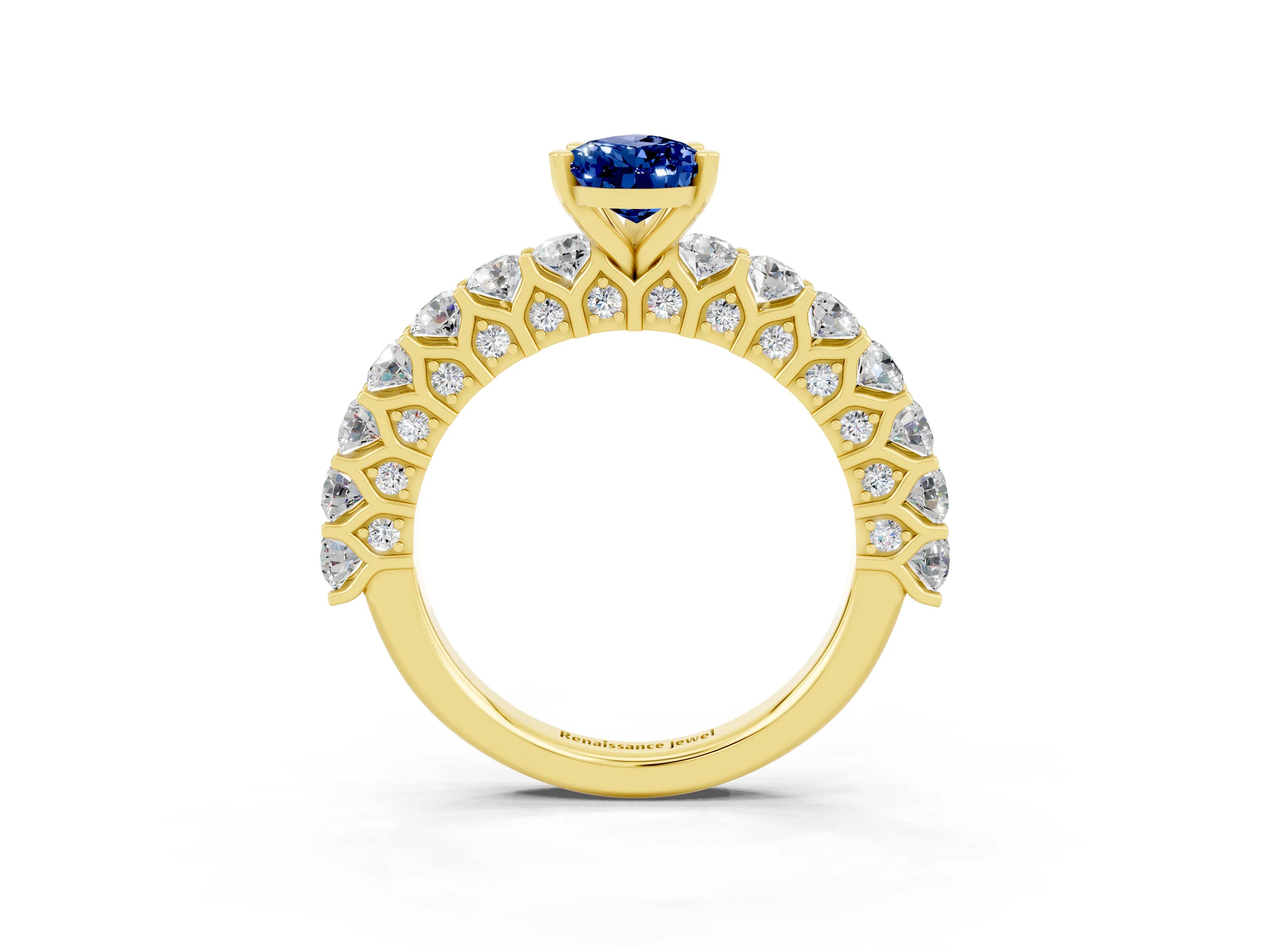 Yellow gold Pear Cut Blue Sapphire Solitaire Ring with Shared Prong Pavé Band and Four-Prong Setting_15