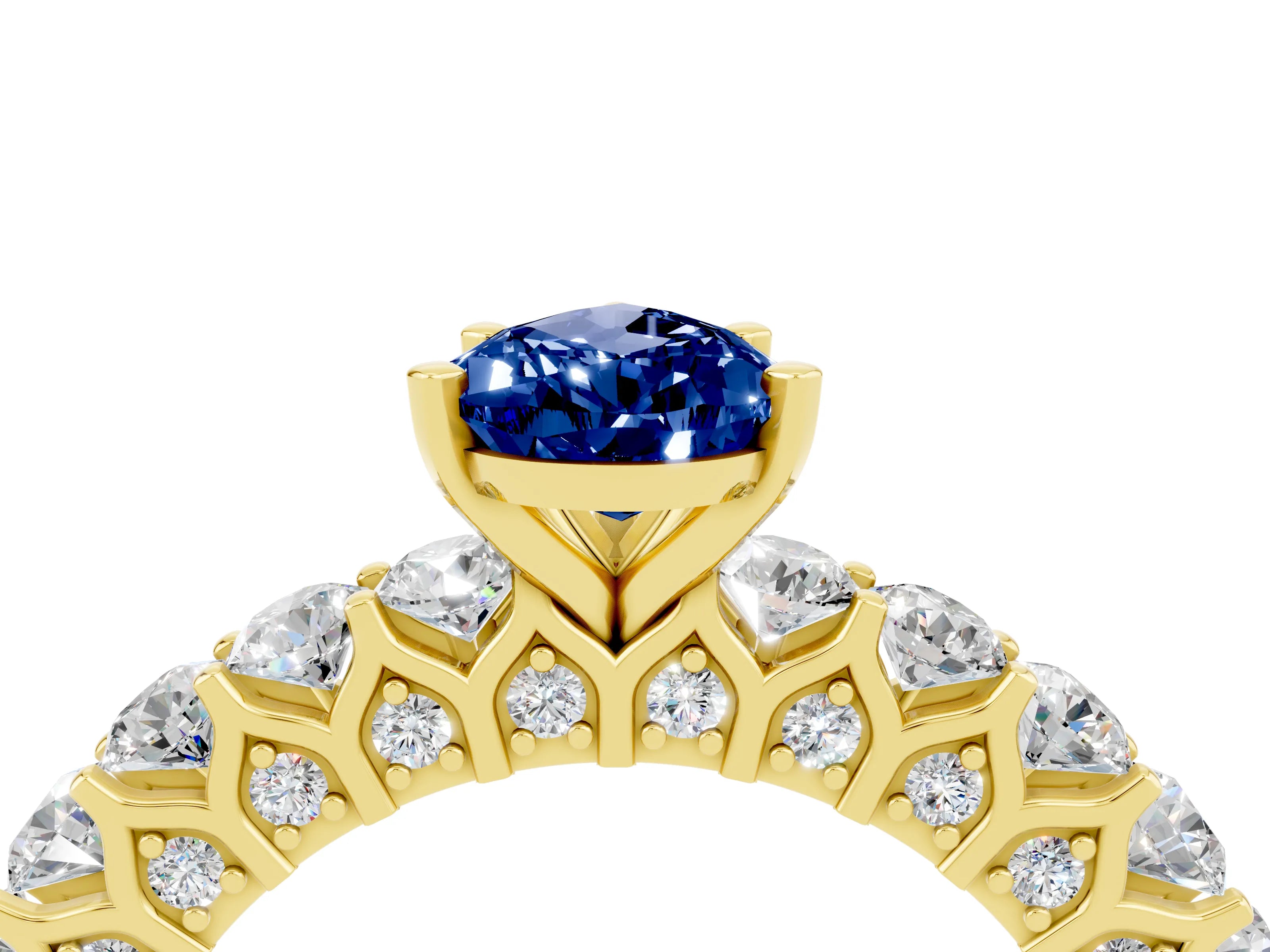 Yellow gold Pear Cut Blue Sapphire Solitaire Ring with Shared Prong Pavé Band and Four-Prong Setting_16