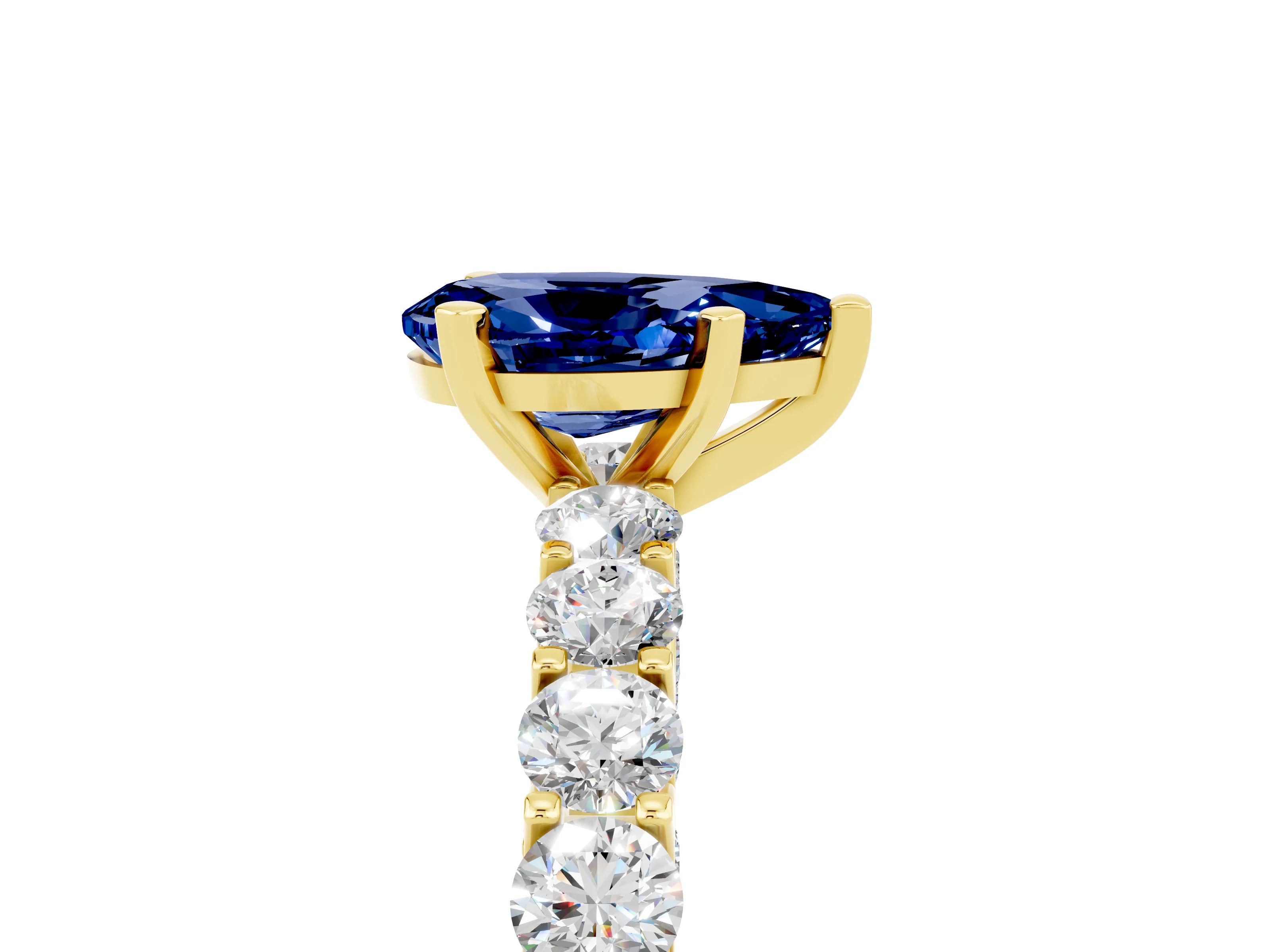 Yellow gold Pear Cut Blue Sapphire Solitaire Ring with Shared Prong Pavé Band and Four-Prong Setting_17