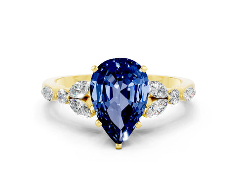 Yellow gold Pear Cut Blue Sapphire Solitaire Ring with Side Stones and Four-Prong Setting_12