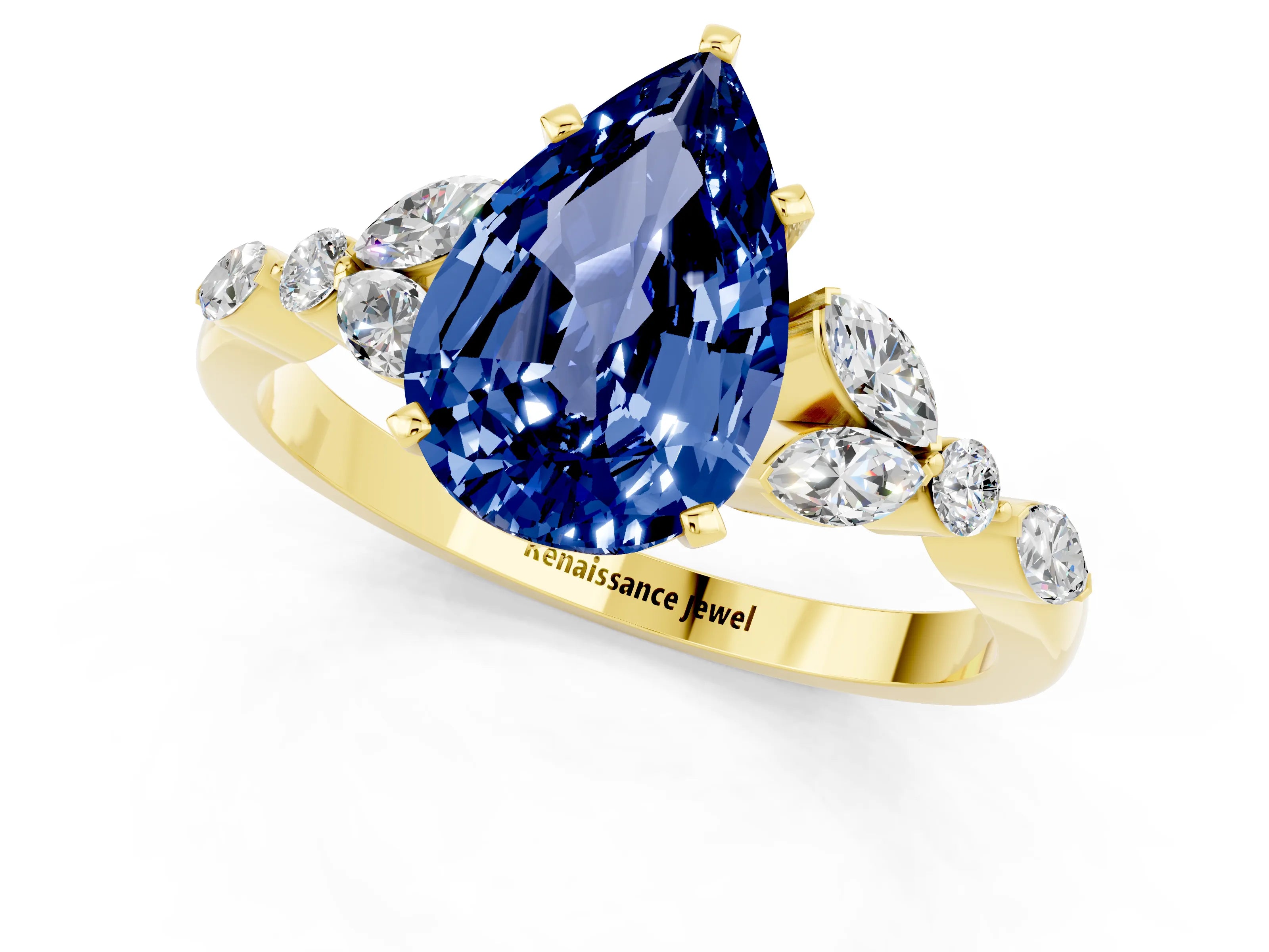 Yellow gold Pear Cut Blue Sapphire Solitaire Ring with Side Stones and Four-Prong Setting_13