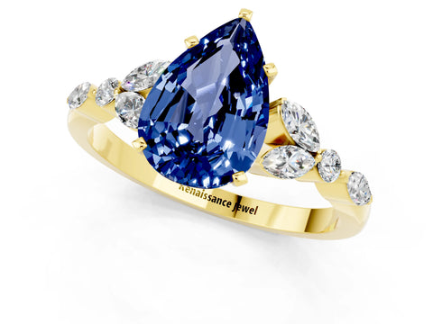 Yellow gold Pear Cut Blue Sapphire Solitaire Ring with Side Stones and Four-Prong Setting_13