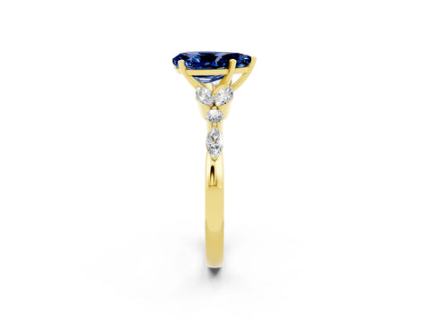 Yellow gold Pear Cut Blue Sapphire Solitaire Ring with Side Stones and Four-Prong Setting_14