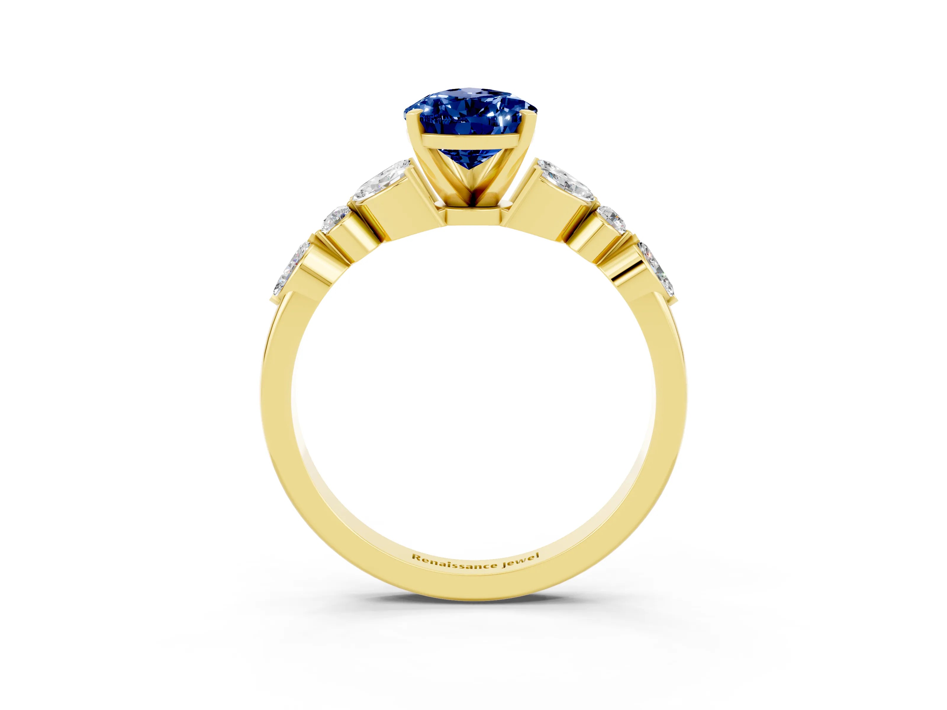 Yellow gold Pear Cut Blue Sapphire Solitaire Ring with Side Stones and Four-Prong Setting_15