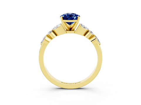 Yellow gold Pear Cut Blue Sapphire Solitaire Ring with Side Stones and Four-Prong Setting_15