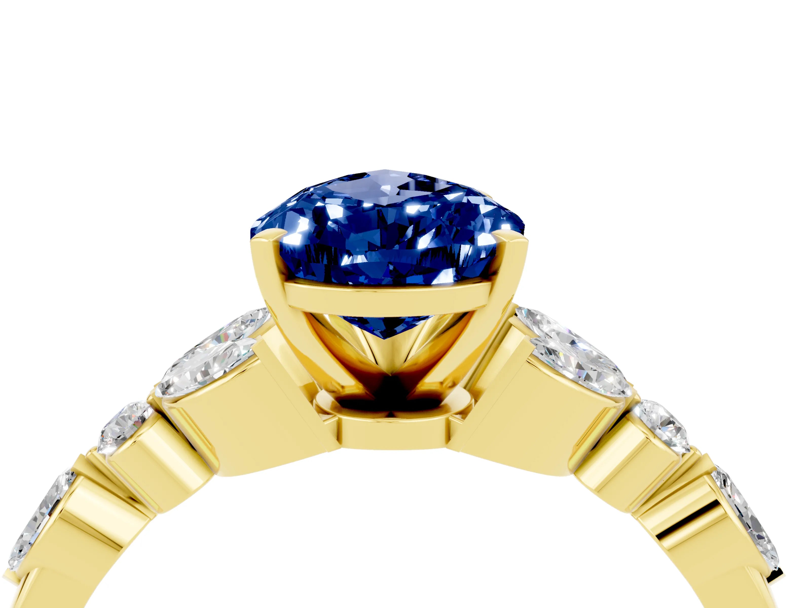 Yellow gold Pear Cut Blue Sapphire Solitaire Ring with Side Stones and Four-Prong Setting_16