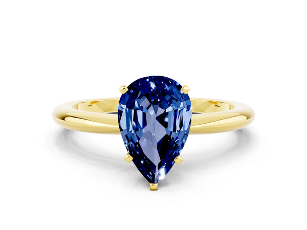 Yellow gold Pear Cut Blue Sapphire Solitaire Ring with Six-Prong Setting and Classic Band