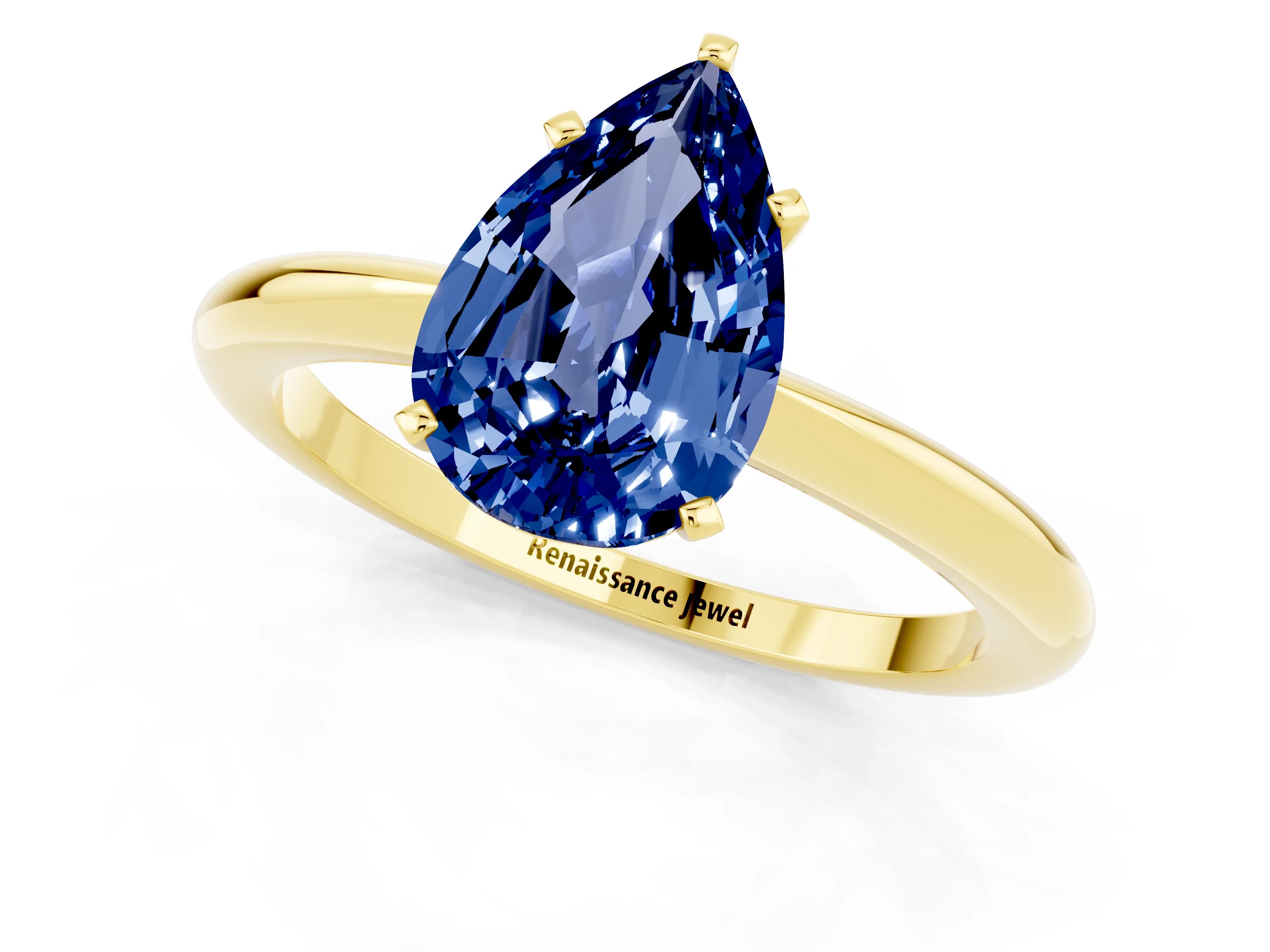 Yellow gold Pear Cut Blue Sapphire Solitaire Ring with Six-Prong Setting and Classic Band_1