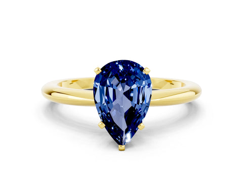 Yellow gold Pear Cut Blue Sapphire Solitaire Ring with Six-Prong Setting and Classic Band