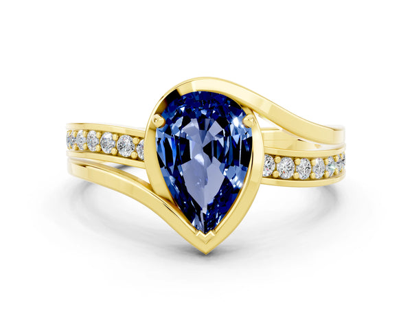 Yellow gold Pear Cut Blue Sapphire Solitaire Ring with Split Shank and Prong Setting