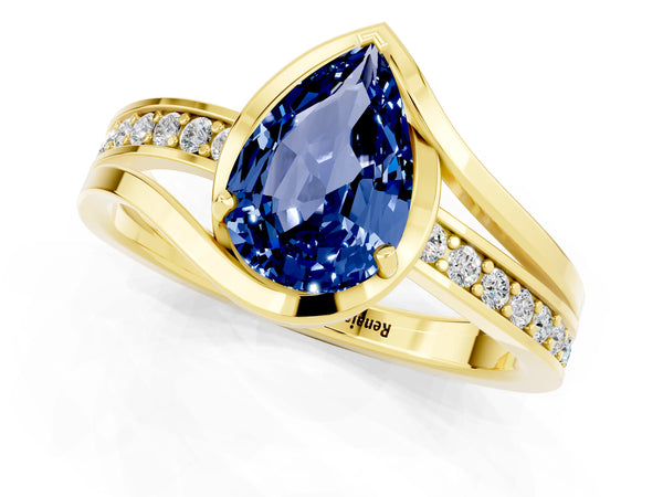 Yellow gold Pear Cut Blue Sapphire Solitaire Ring with Split Shank and Prong Setting