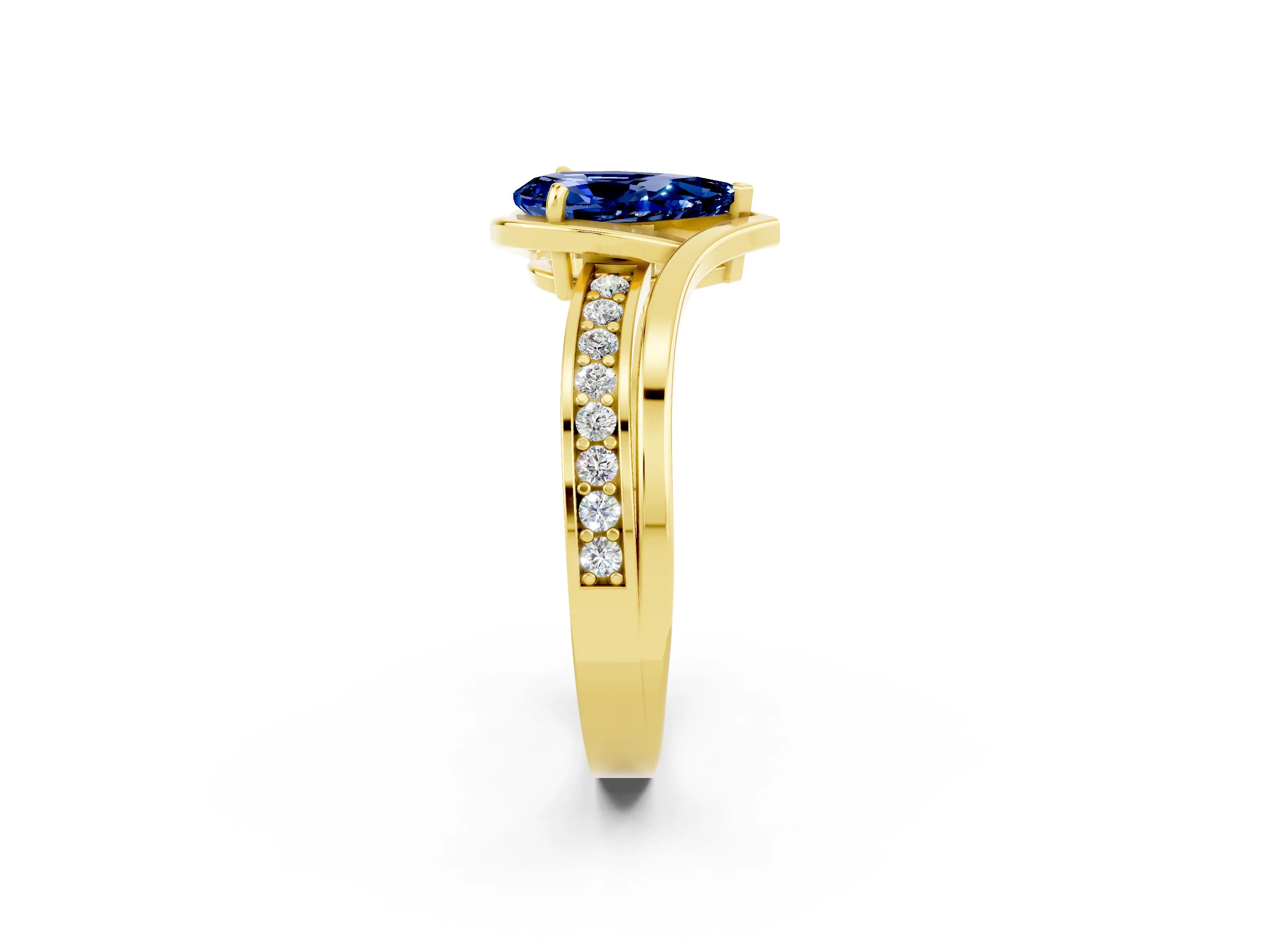 Yellow gold Pear Cut Blue Sapphire Solitaire Ring with Split Shank and Prong Setting_2