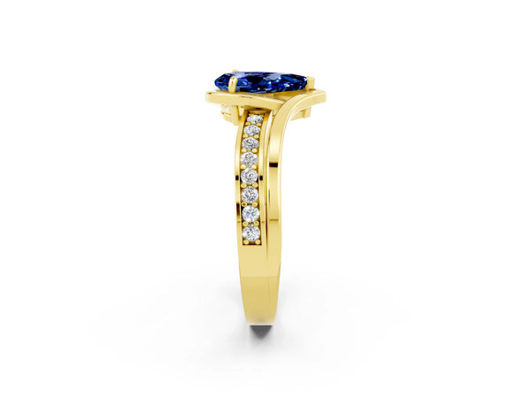 Yellow gold Pear Cut Blue Sapphire Solitaire Ring with Split Shank and Prong Setting