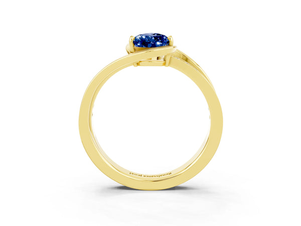 Yellow gold Pear Cut Blue Sapphire Solitaire Ring with Split Shank and Prong Setting