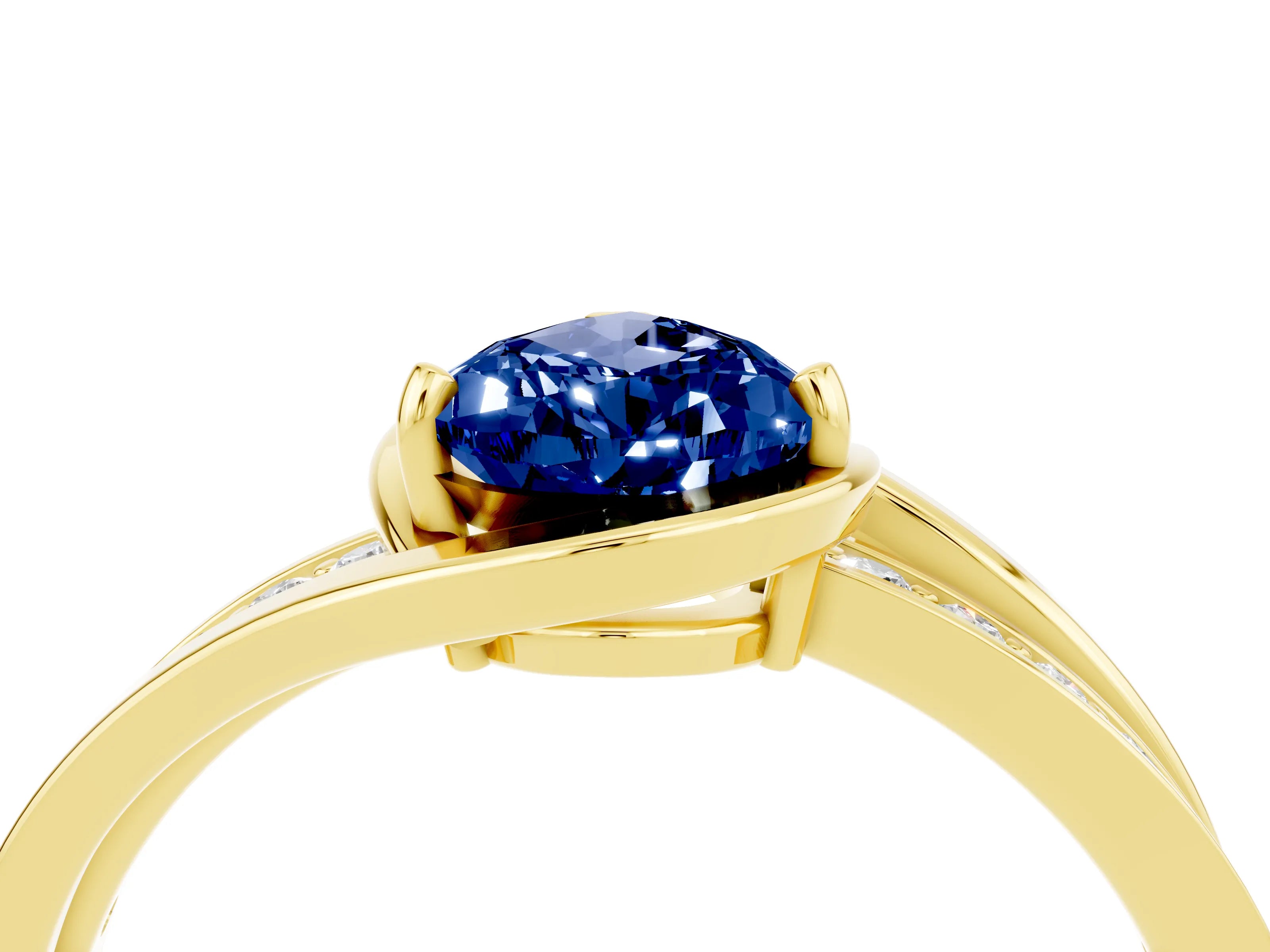 Yellow gold Pear Cut Blue Sapphire Solitaire Ring with Split Shank and Prong Setting_4