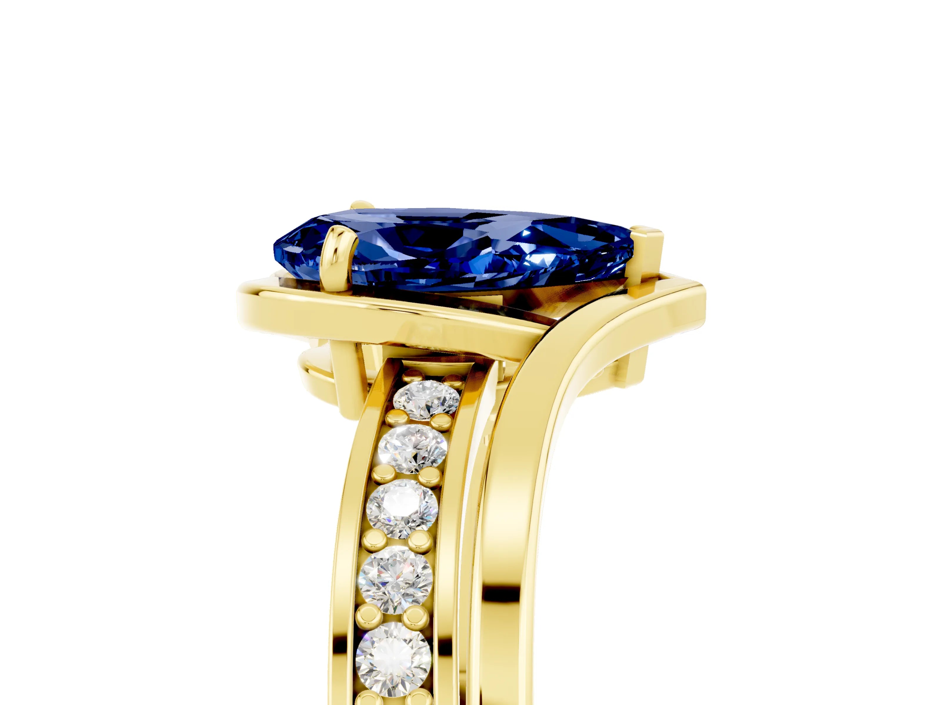 Yellow gold Pear Cut Blue Sapphire Solitaire Ring with Split Shank and Prong Setting_5