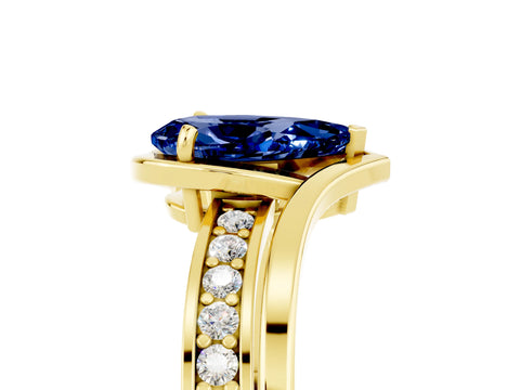 Yellow gold Pear Cut Blue Sapphire Solitaire Ring with Split Shank and Prong Setting_5