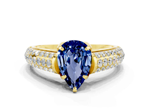 Yellow gold Pear Cut Blue Sapphire Solitaire Ring with Three-Row Pavé Band and Four-Prong Setting_12