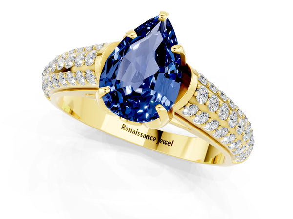 Yellow gold Pear Cut Blue Sapphire Solitaire Ring with Three-Row Pavé Band and Four-Prong Setting