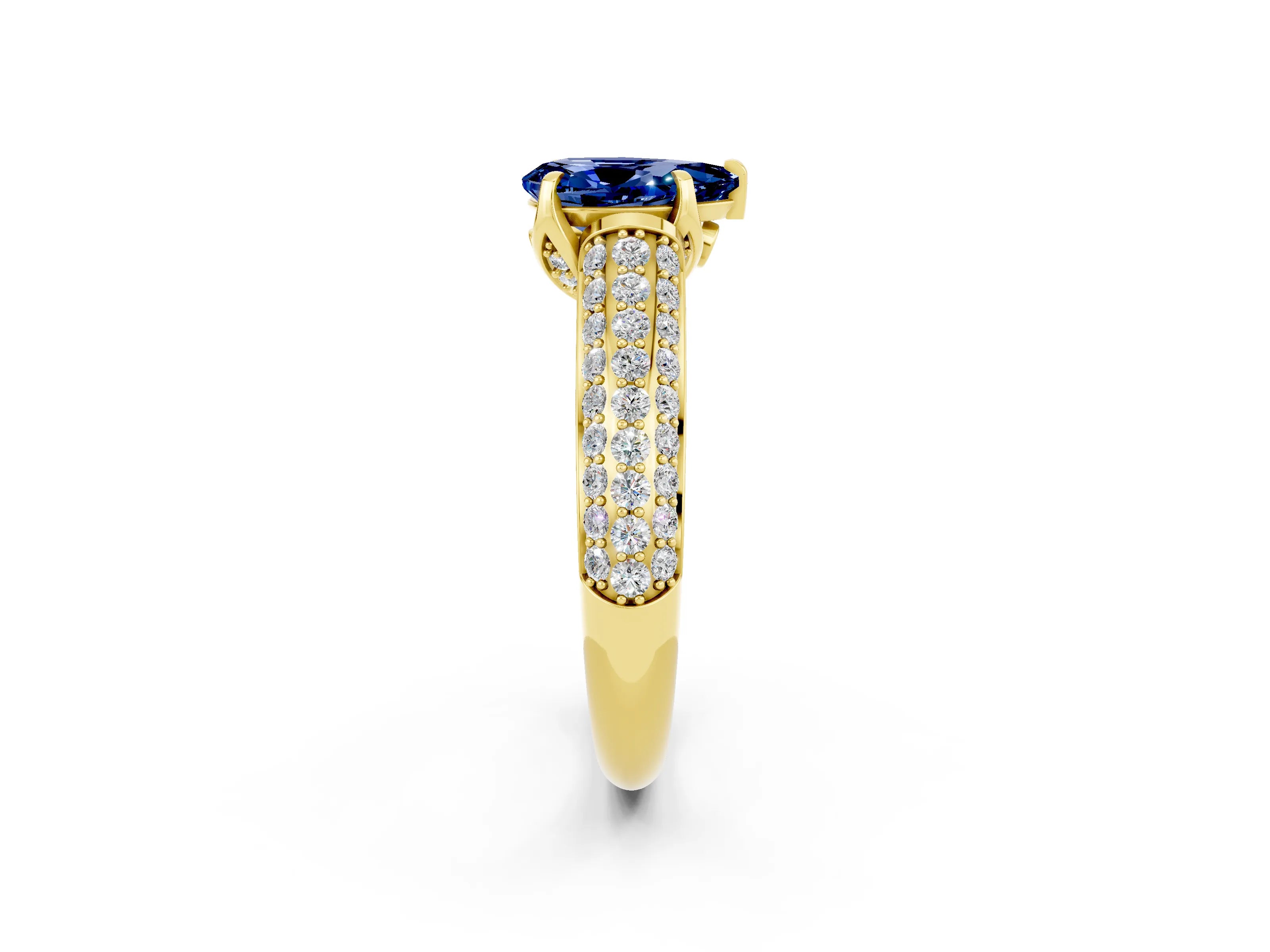 Yellow gold Pear Cut Blue Sapphire Solitaire Ring with Three-Row Pavé Band and Four-Prong Setting_14