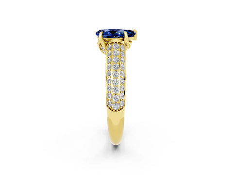 Yellow gold Pear Cut Blue Sapphire Solitaire Ring with Three-Row Pavé Band and Four-Prong Setting_14
