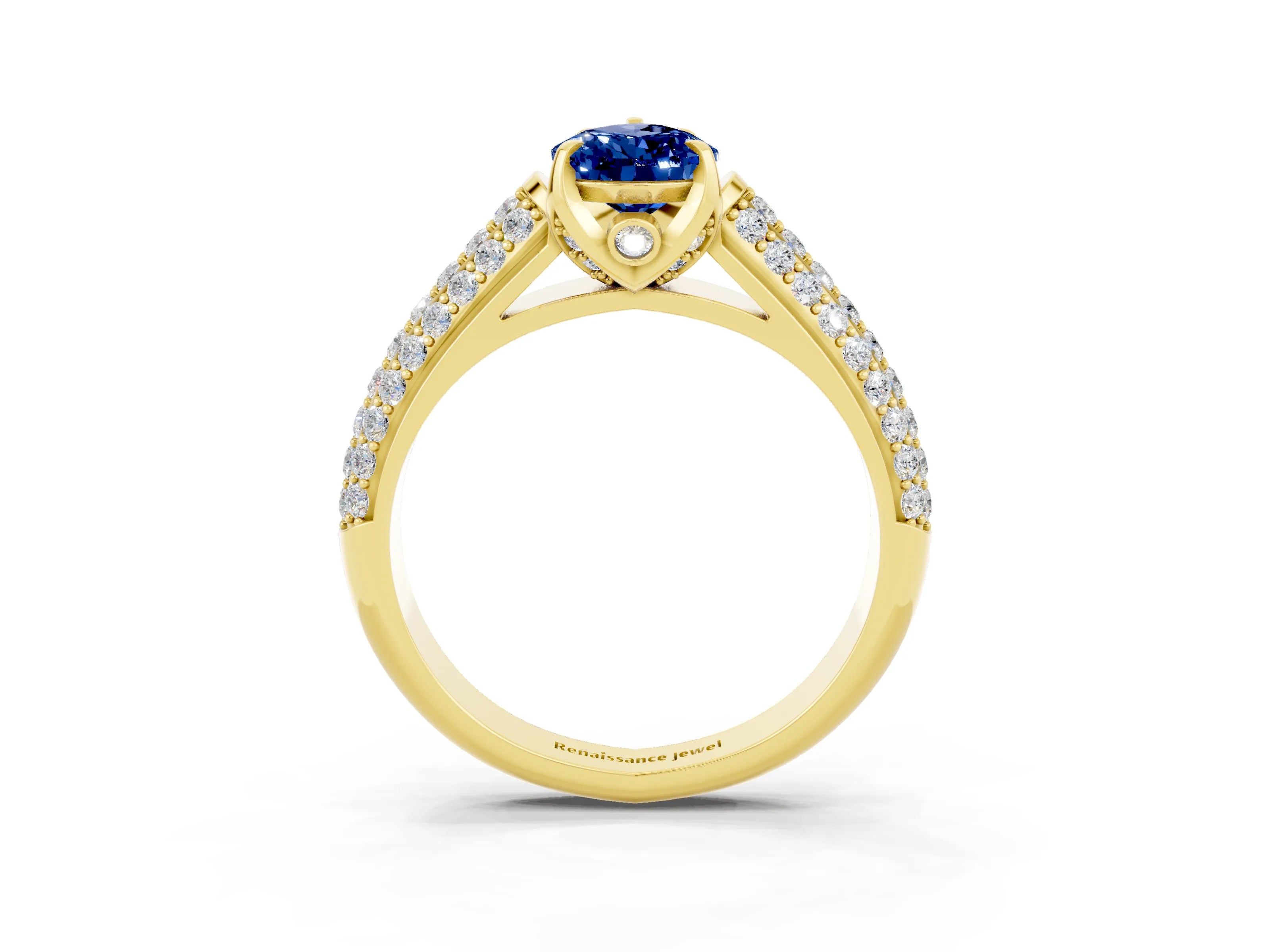 Yellow gold Pear Cut Blue Sapphire Solitaire Ring with Three-Row Pavé Band and Four-Prong Setting_15