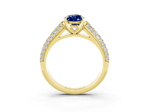 Yellow gold Pear Cut Blue Sapphire Solitaire Ring with Three-Row Pavé Band and Four-Prong Setting_15