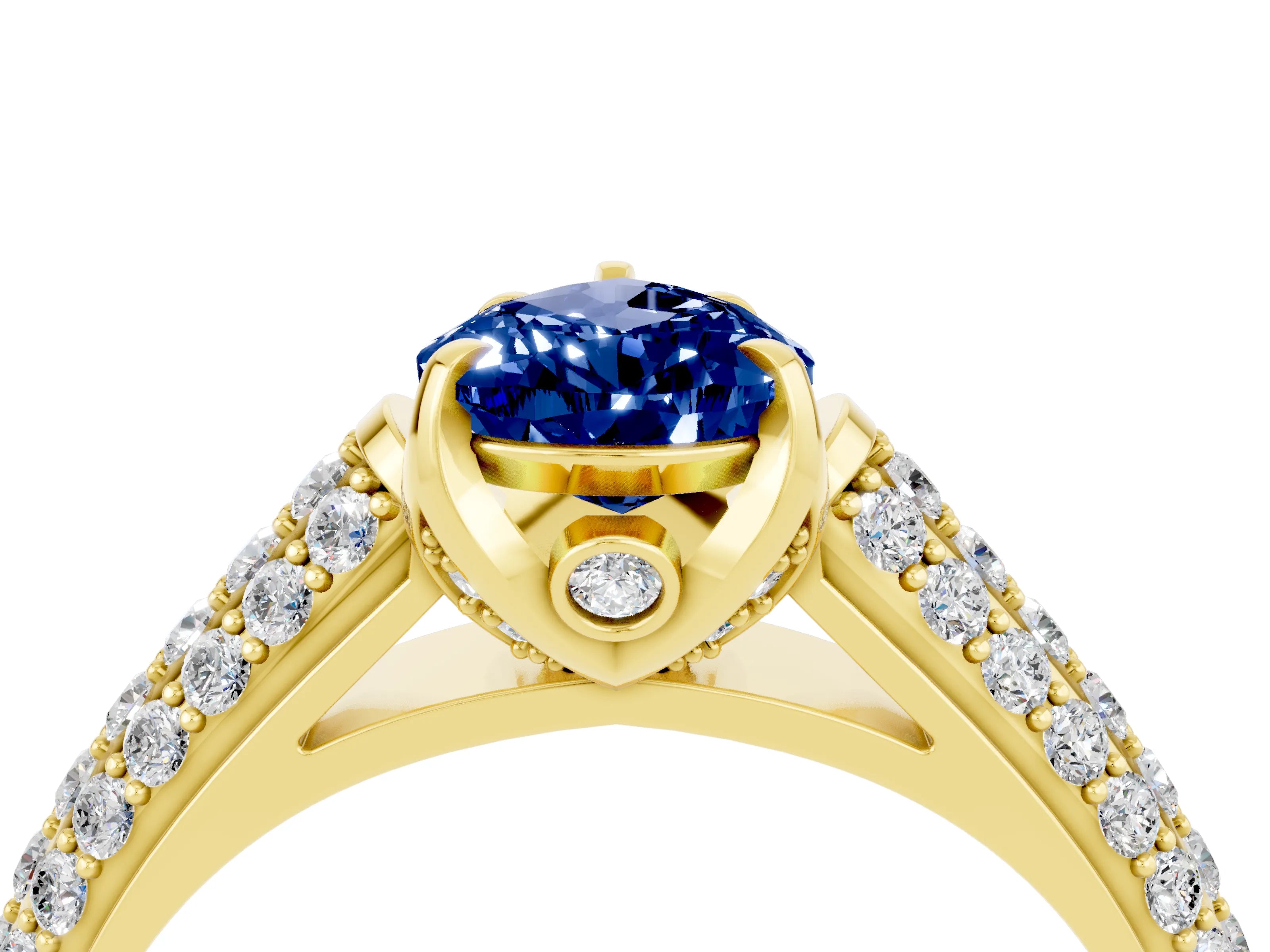 Yellow gold Pear Cut Blue Sapphire Solitaire Ring with Three-Row Pavé Band and Four-Prong Setting_16