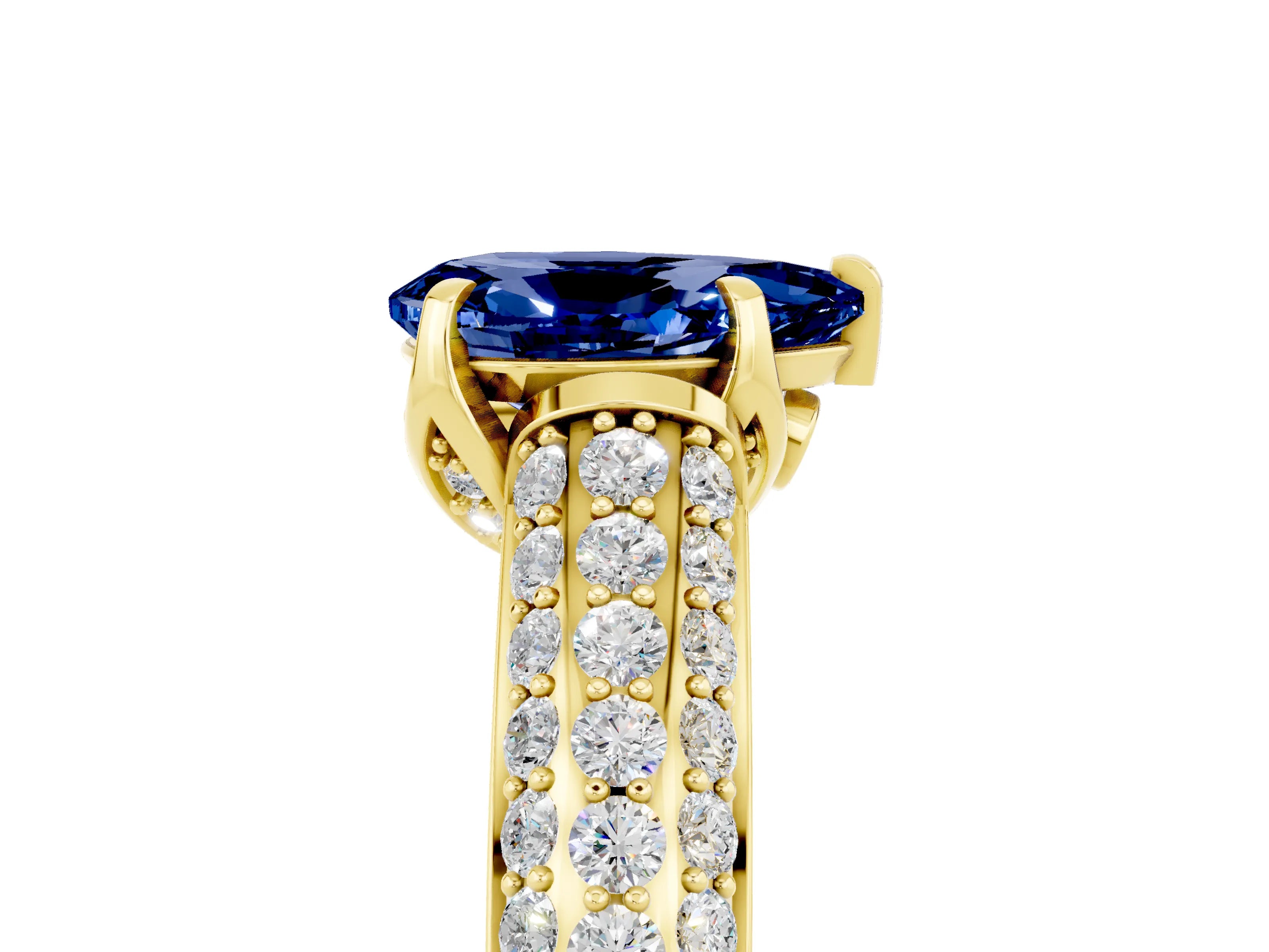 Yellow gold Pear Cut Blue Sapphire Solitaire Ring with Three-Row Pavé Band and Four-Prong Setting_17
