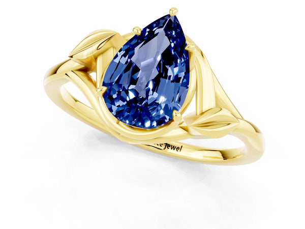 Yellow gold Pear Cut Blue Sapphire Solitaire Ring with Twist Band and Four-Prong Setting