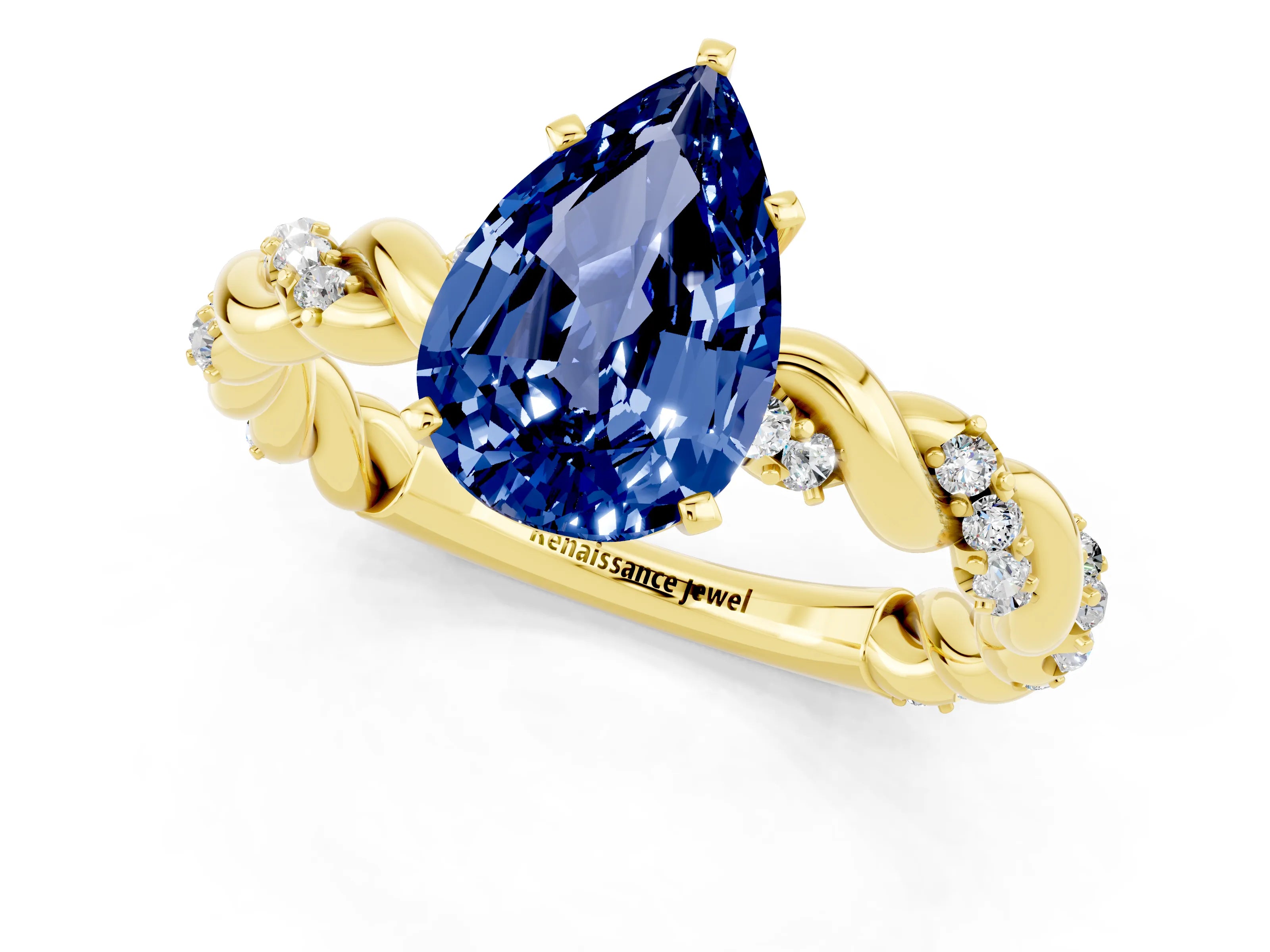 Yellow gold Pear Cut Blue Sapphire Solitaire Ring with Twisted Band and Pavé Accents_1